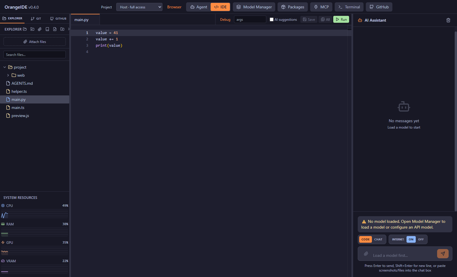 OrangeIDE with a Python file open: file explorer on the left, syntax-highlighted editor in the centre, AI assistant panel on the right, and live CPU, RAM, GPU and VRAM meters.